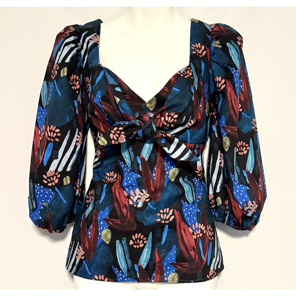 Anthropologie Eva Franco Tie Front Blouse Sz 2 Tropical Floral Puff Sleeve